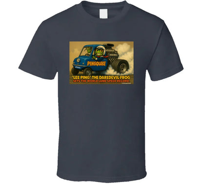 - “Lee Ping daredevil frog T-shirt with Pingquake stunt car”
