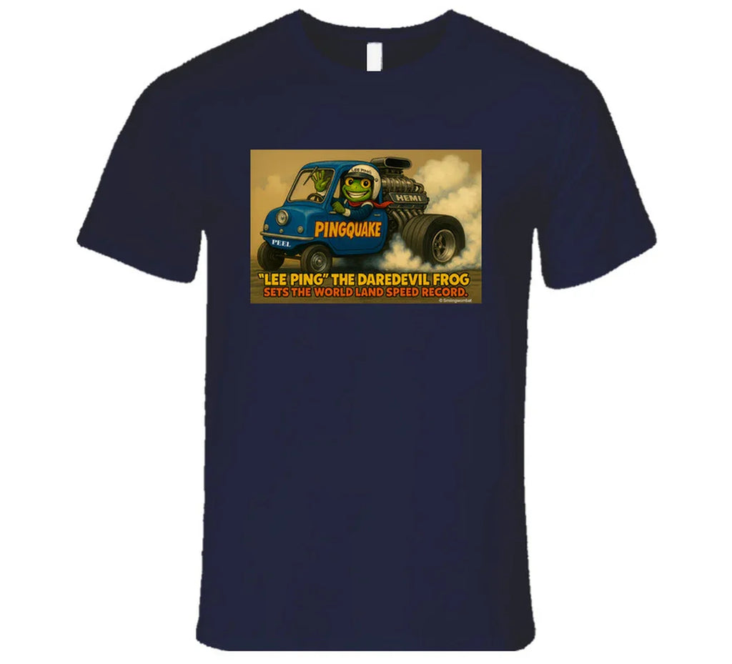 - “Lee Ping daredevil frog T-shirt with Pingquake stunt car”
