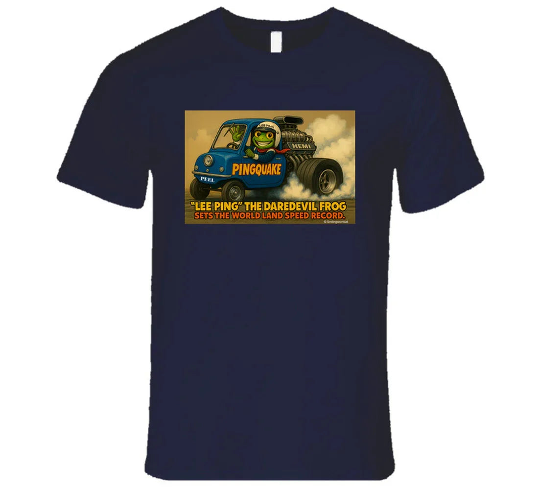- “Lee Ping daredevil frog T-shirt with Pingquake stunt car”
