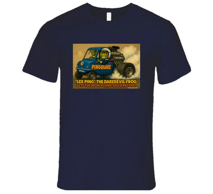 - “Lee Ping daredevil frog T-shirt with Pingquake stunt car”
