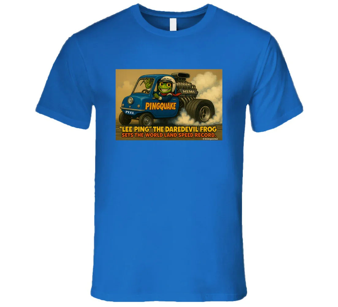 - “Lee Ping daredevil frog T-shirt with Pingquake stunt car”

