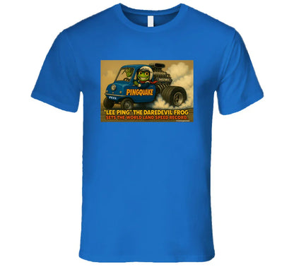 - “Lee Ping daredevil frog T-shirt with Pingquake stunt car”

