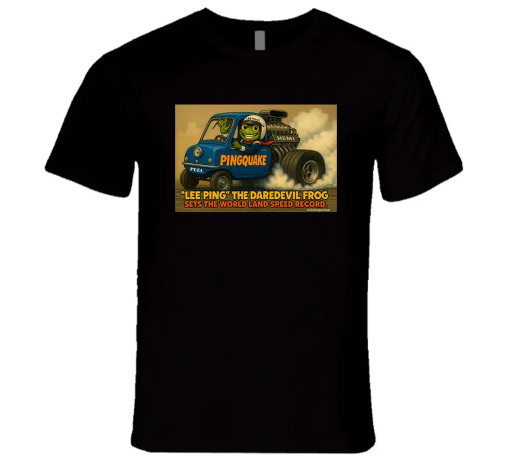 - “Lee Ping daredevil frog T-shirt with Pingquake stunt car”
