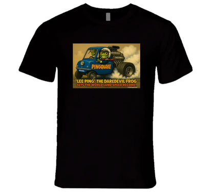 - “Lee Ping daredevil frog T-shirt with Pingquake stunt car”
