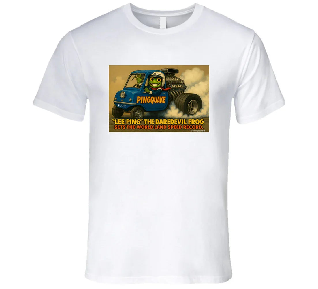“Lee Ping daredevil frog T-shirt with Pingquake stunt car”
