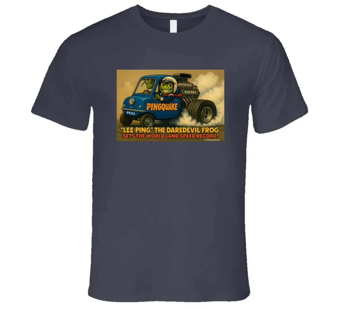- “Lee Ping daredevil frog T-shirt with Pingquake stunt car”

