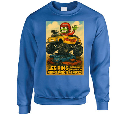 "Funny frog sweatshirt featuring Lee Ping in Pingquake monster truck"