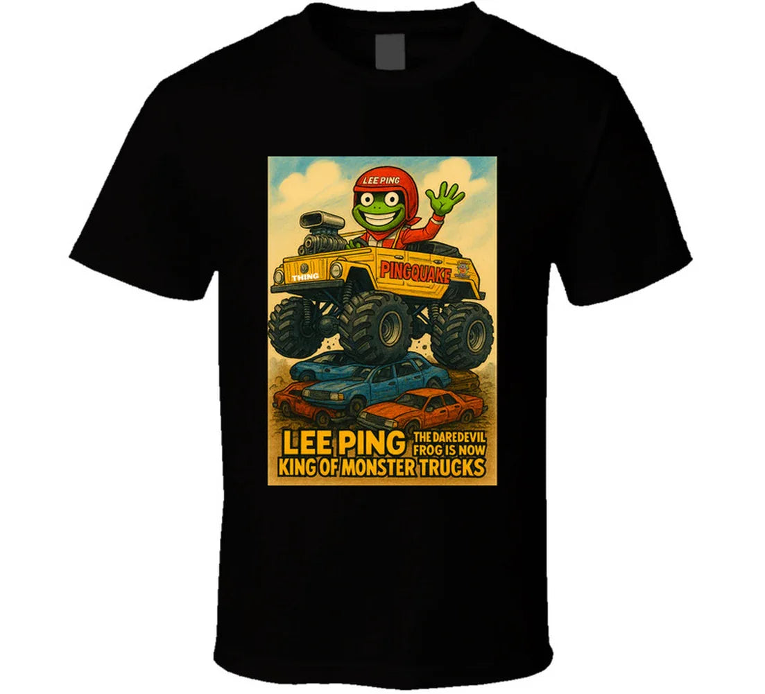 "Lee Ping daredevil frog in monster truck on graphic T-shirt"