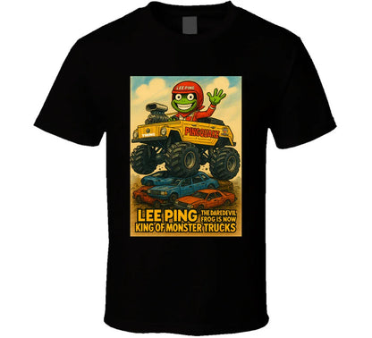 "Lee Ping daredevil frog in monster truck on graphic T-shirt"