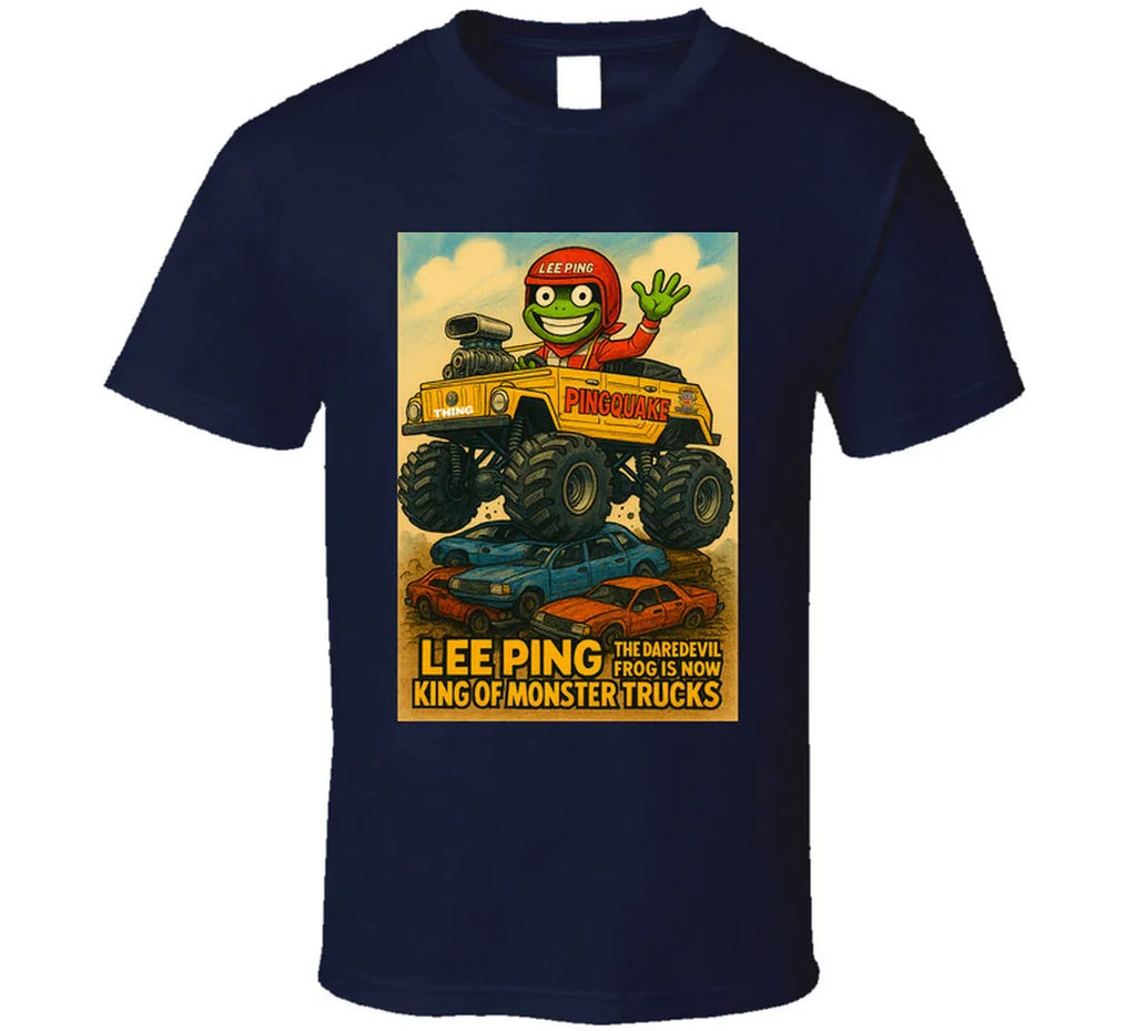 "Lee Ping daredevil frog in monster truck on graphic T-shirt"