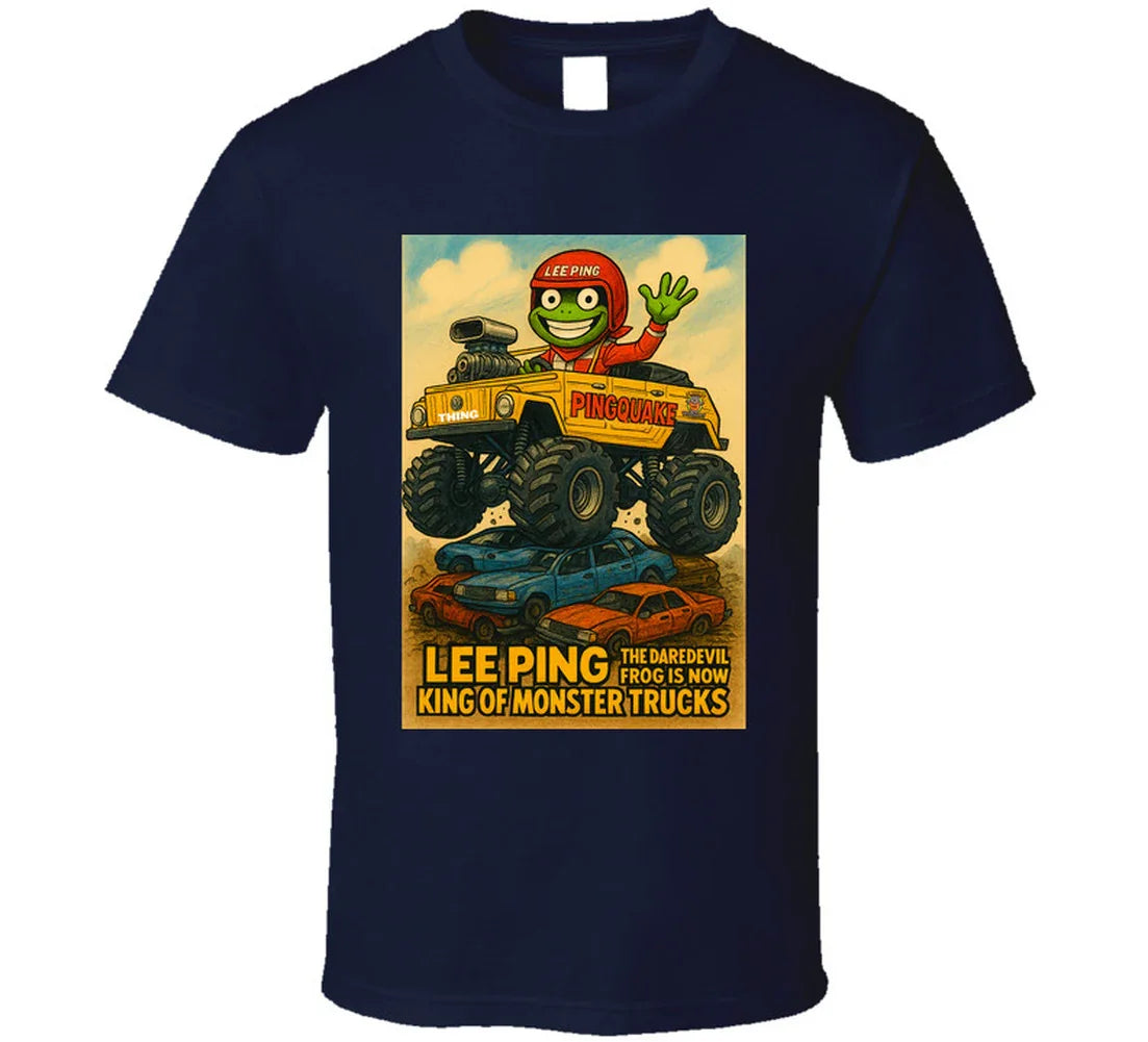 "Lee Ping daredevil frog in monster truck on graphic T-shirt"
