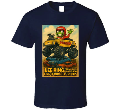 "Lee Ping daredevil frog in monster truck on graphic T-shirt"