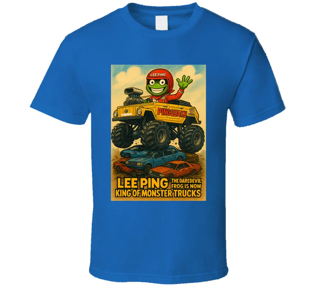 "Lee Ping daredevil frog in monster truck on graphic T-shirt"