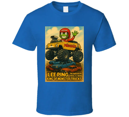 "Lee Ping daredevil frog in monster truck on graphic T-shirt"