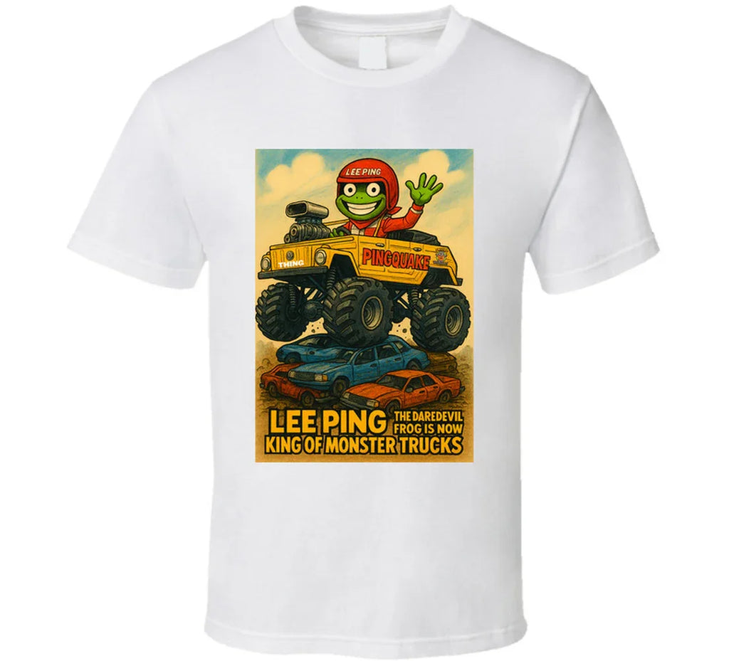 "Lee Ping daredevil frog in monster truck on graphic T-shirt"