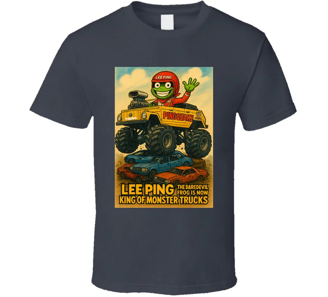"Lee Ping daredevil frog in monster truck on graphic T-shirt"