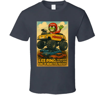 "Lee Ping daredevil frog in monster truck on graphic T-shirt"