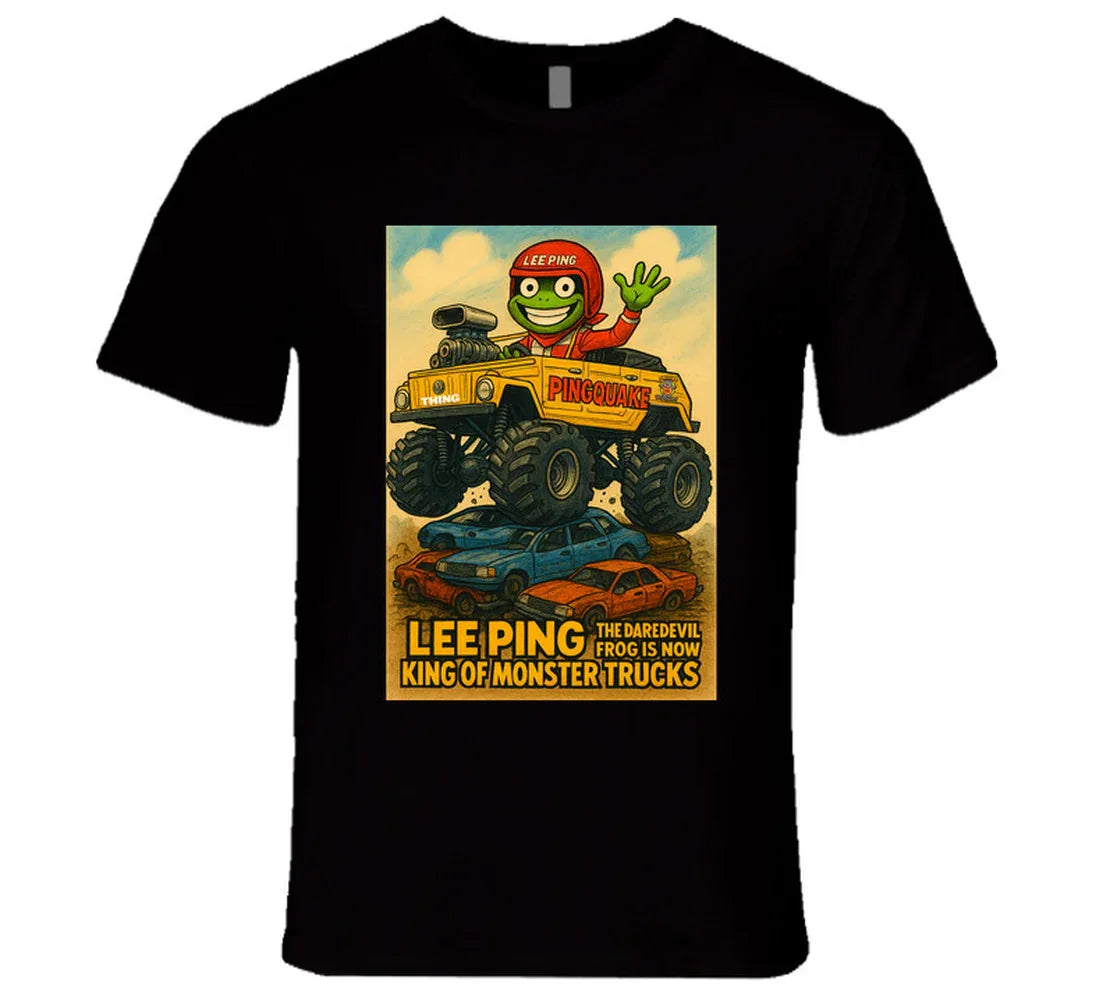 "Lee Ping daredevil frog in monster truck on graphic T-shirt"