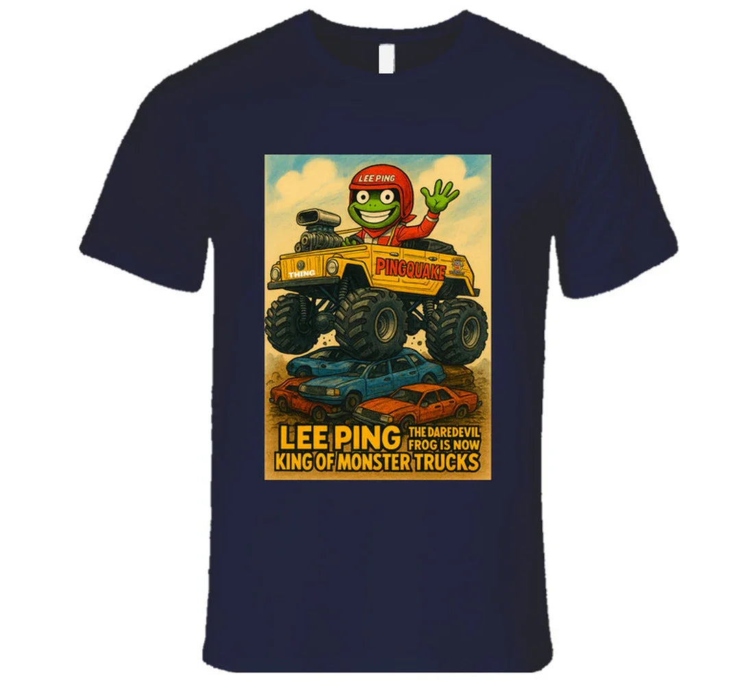"Lee Ping daredevil frog in monster truck on graphic T-shirt"