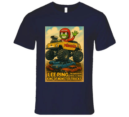 "Lee Ping daredevil frog in monster truck on graphic T-shirt"