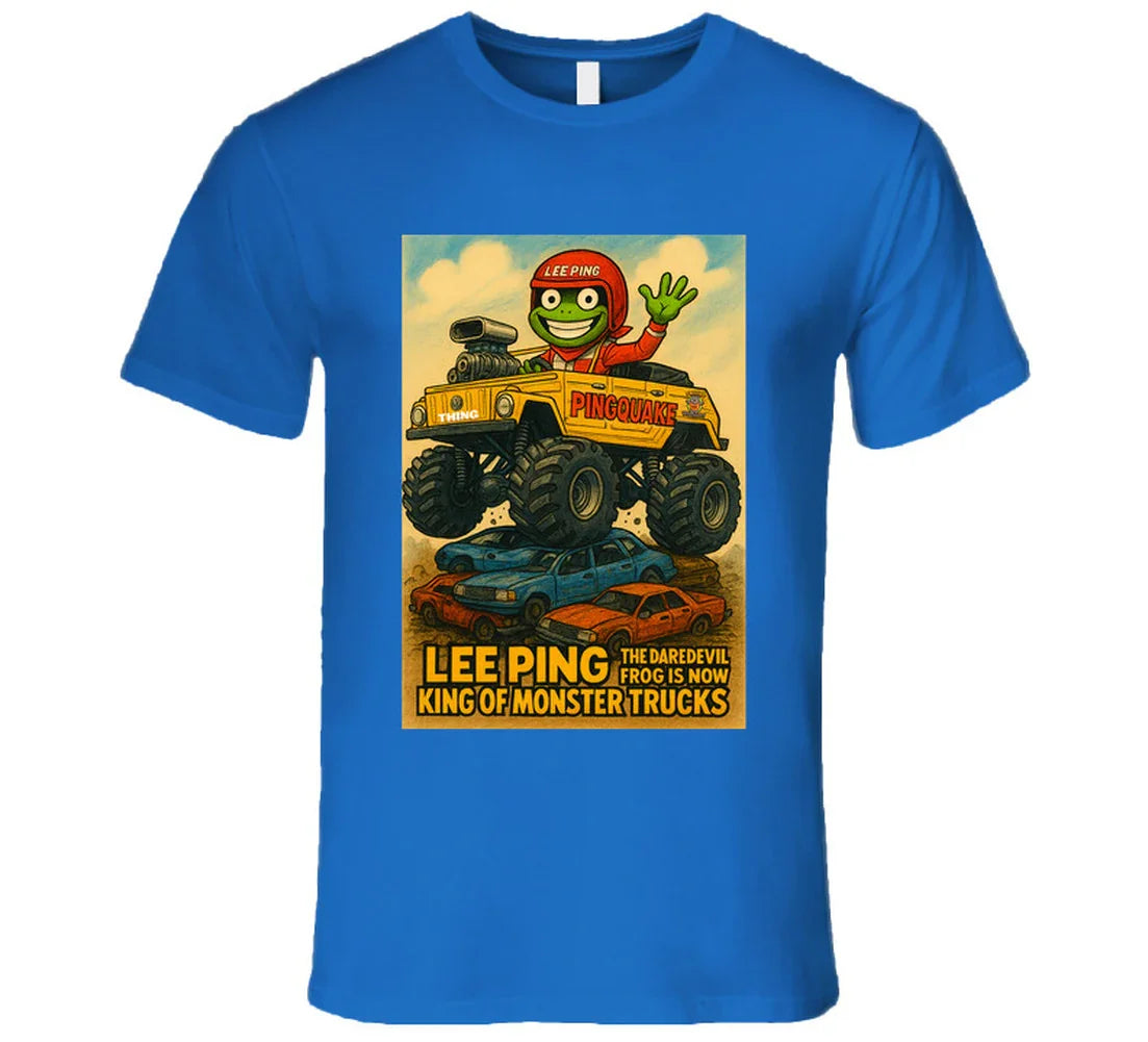 "Lee Ping daredevil frog in monster truck on graphic T-shirt"
