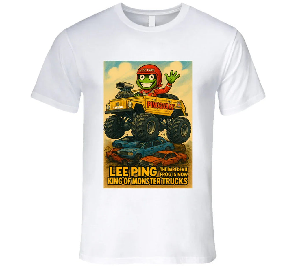 "Lee Ping daredevil frog in monster truck on graphic T-shirt"