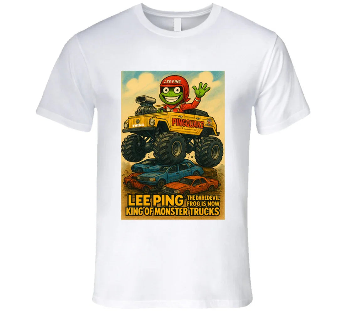 "Lee Ping daredevil frog in monster truck on graphic T-shirt"