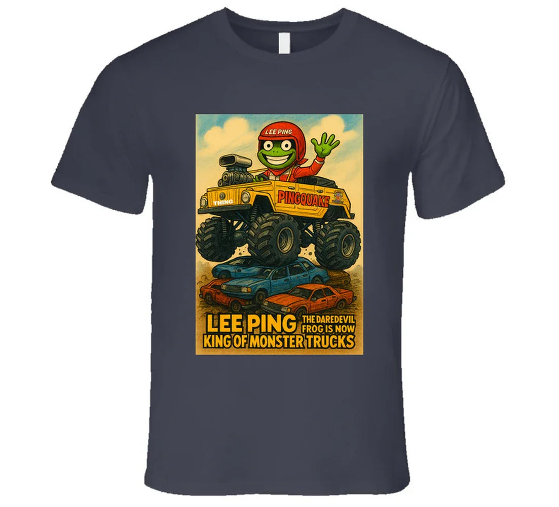 "Lee Ping daredevil frog in monster truck on graphic T-shirt"