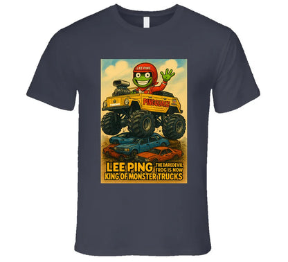 "Lee Ping daredevil frog in monster truck on graphic T-shirt"