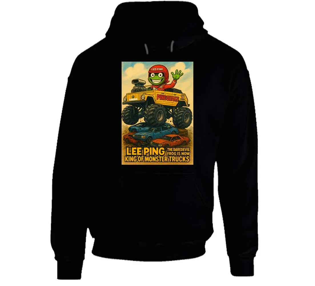 "VW Thing monster truck hoodie with Lee Ping waving from cab"