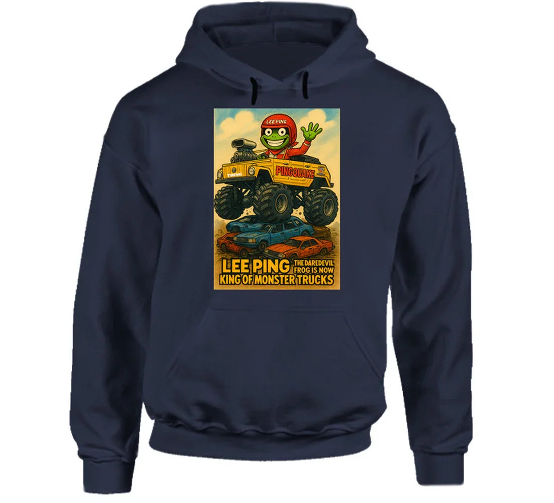 "VW Thing monster truck hoodie with Lee Ping waving from cab"
