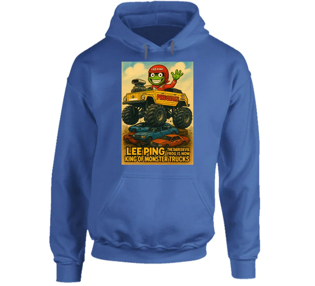"VW Thing monster truck hoodie with Lee Ping waving from cab"