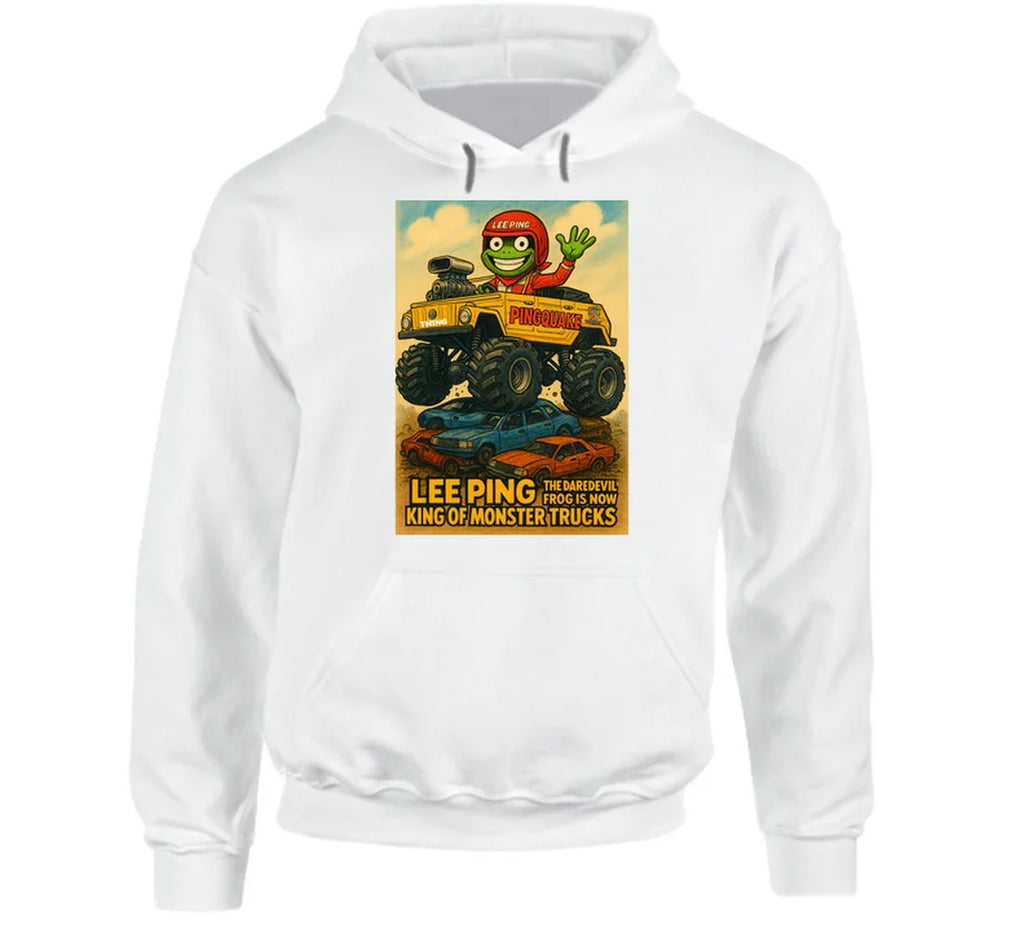 "VW Thing monster truck hoodie with Lee Ping waving from cab"