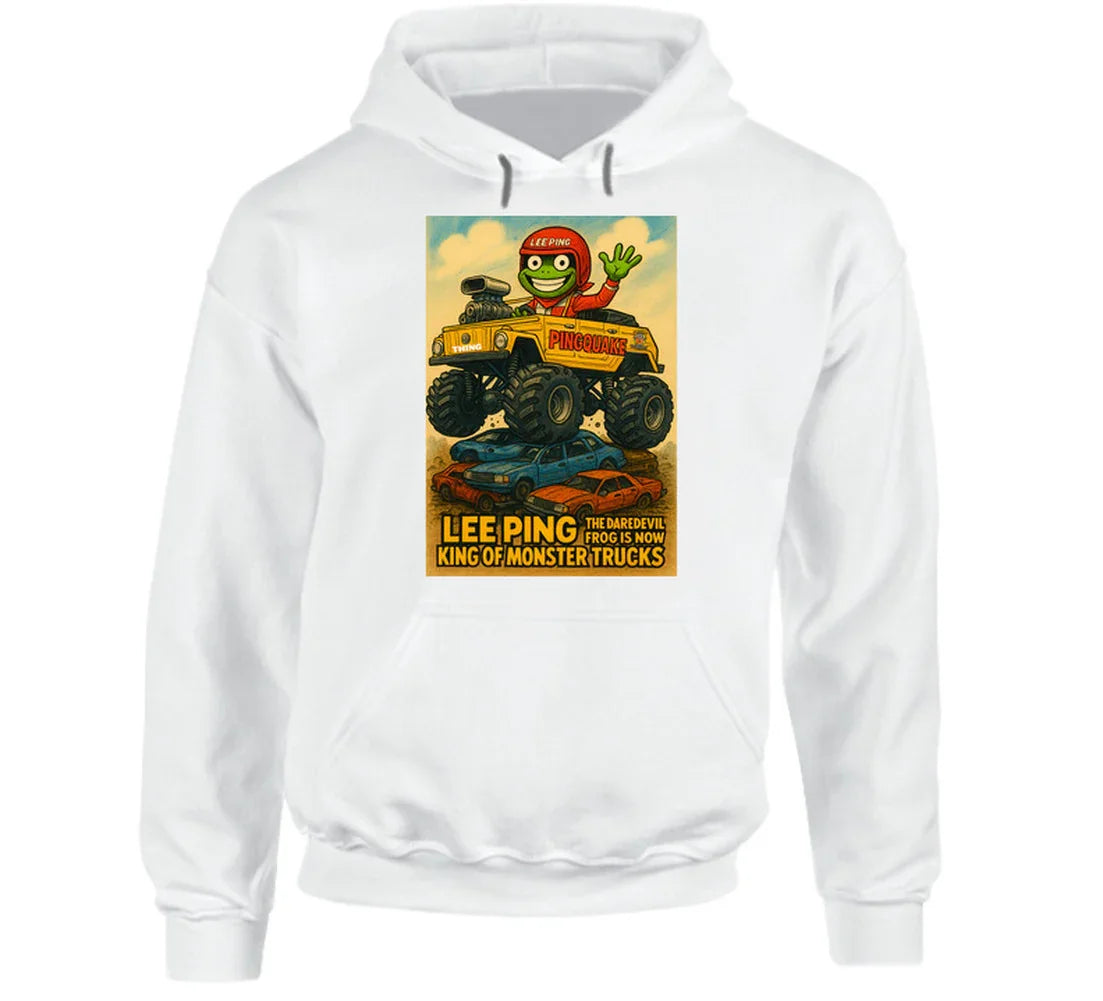 "VW Thing monster truck hoodie with Lee Ping waving from cab"
