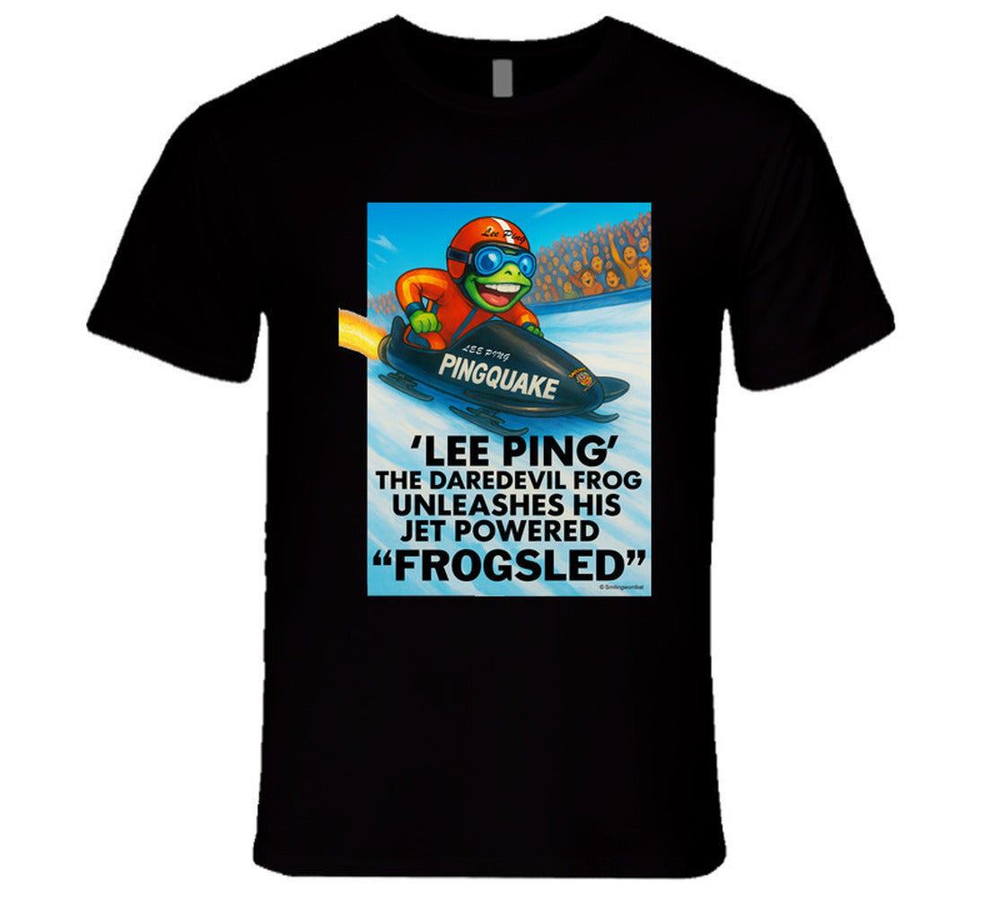 Black t-shirt with a colorful graphic of a frog on a jet-powered sled, text, and a blue background.