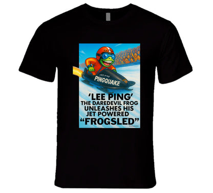 Black t-shirt with a colorful graphic of a frog on a jet-powered sled, text, and a blue background.