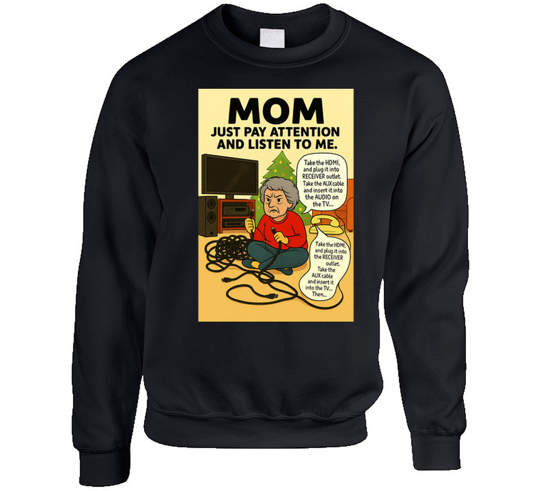 “Holiday tech support fail sweatshirt featuring mom, cords, and vintage phone – Smiling Wombat”