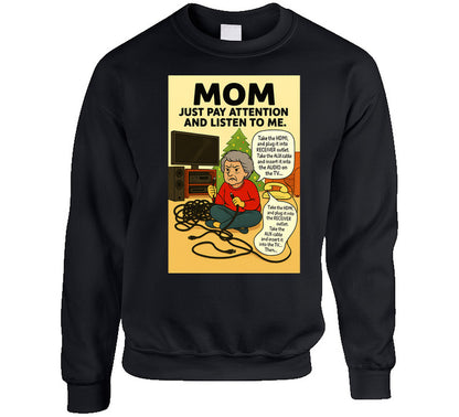 “Holiday tech support fail sweatshirt featuring mom, cords, and vintage phone – Smiling Wombat”