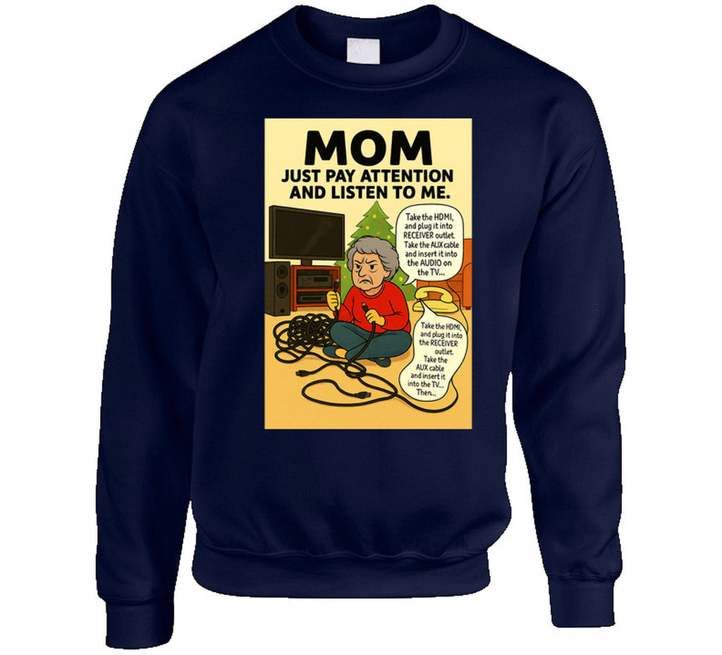 “Holiday tech support fail sweatshirt featuring mom, cords, and vintage phone – Smiling Wombat”
