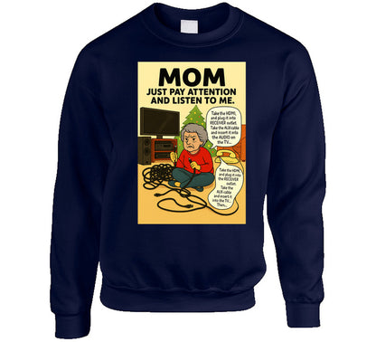 “Holiday tech support fail sweatshirt featuring mom, cords, and vintage phone – Smiling Wombat”