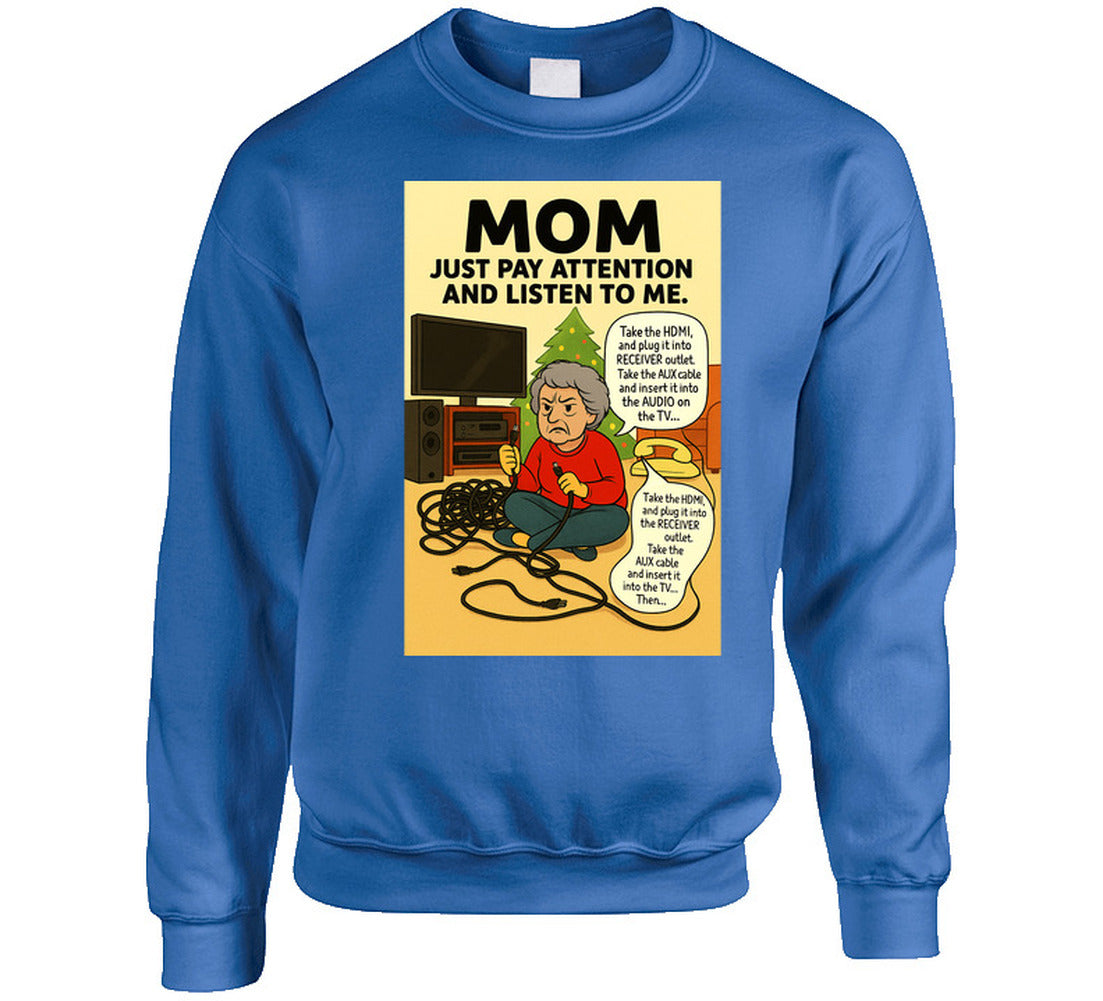 “Holiday tech support fail sweatshirt featuring mom, cords, and vintage phone – Smiling Wombat”