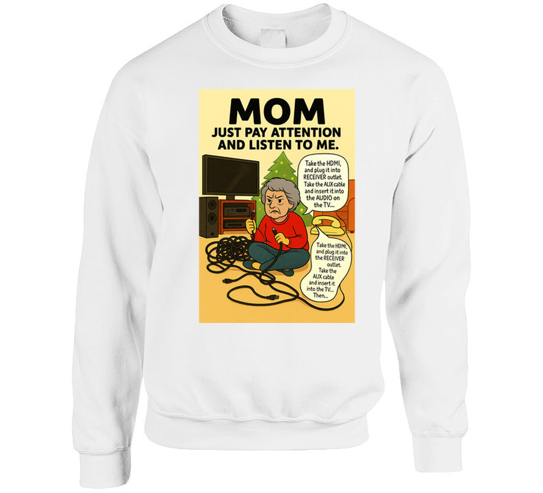 “Holiday tech support fail sweatshirt featuring mom, cords, and vintage phone – Smiling Wombat”
