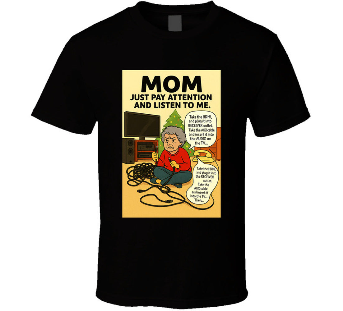 “Funny Christmas tech fail T-shirt with frustrated mom and tangled cords – Smiling Wombat”