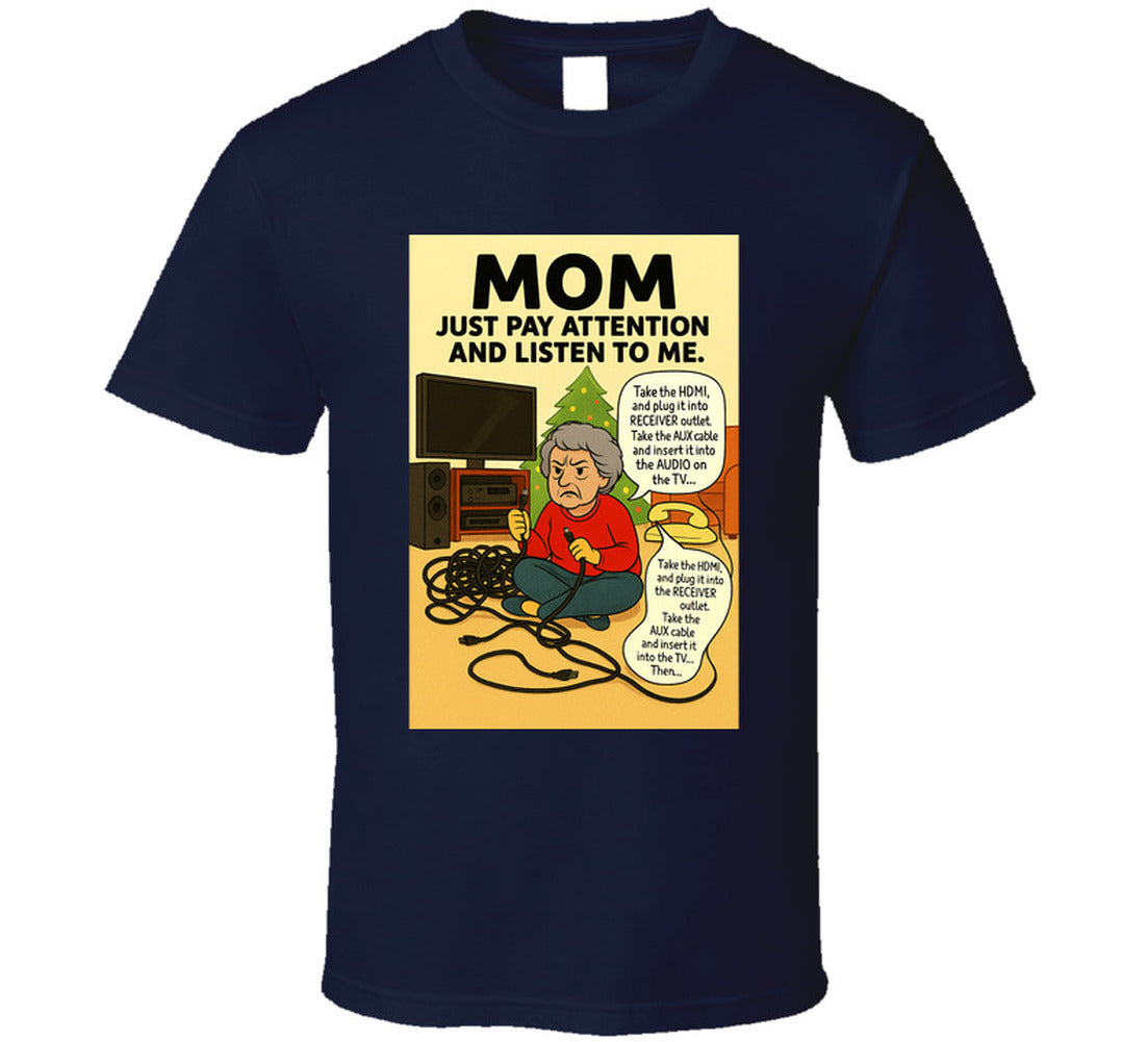 “Funny Christmas tech fail T-shirt with frustrated mom and tangled cords – Smiling Wombat”