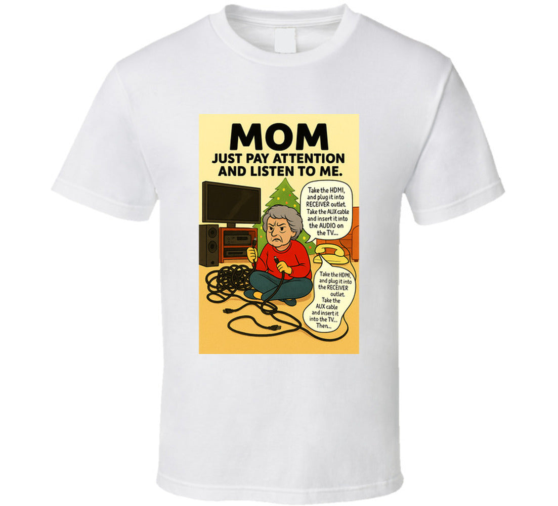 “Funny Christmas tech fail T-shirt with frustrated mom and tangled cords – Smiling Wombat”