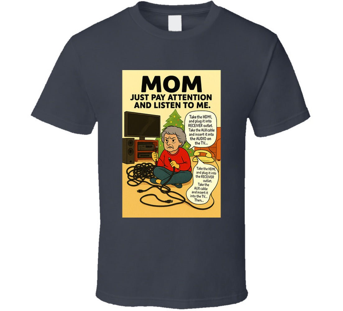 “Funny Christmas tech fail T-shirt with frustrated mom and tangled cords – Smiling Wombat”