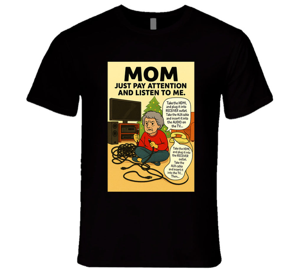“Funny Christmas tech fail T-shirt with frustrated mom and tangled cords – Smiling Wombat”