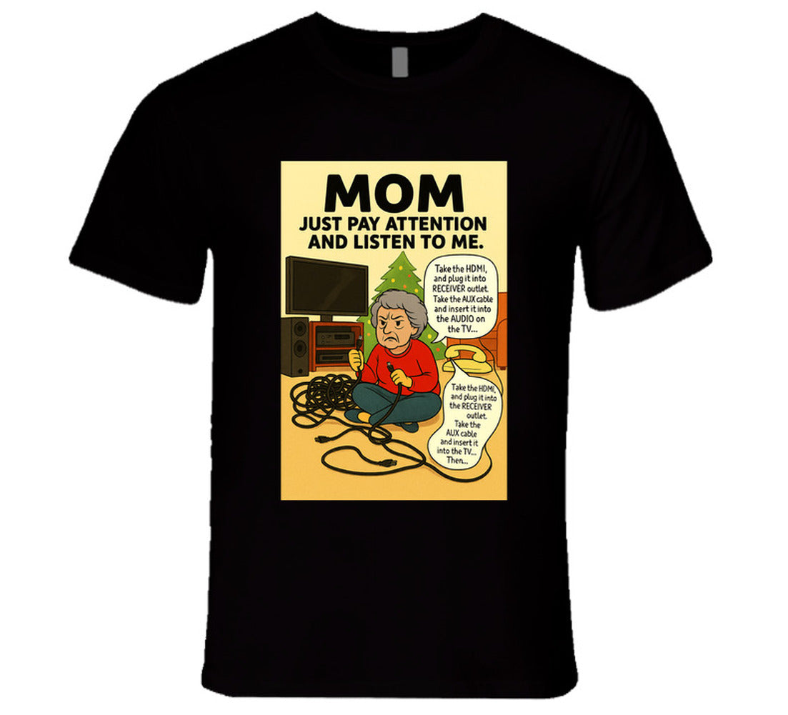“Funny Christmas tech fail T-shirt with frustrated mom and tangled cords – Smiling Wombat”