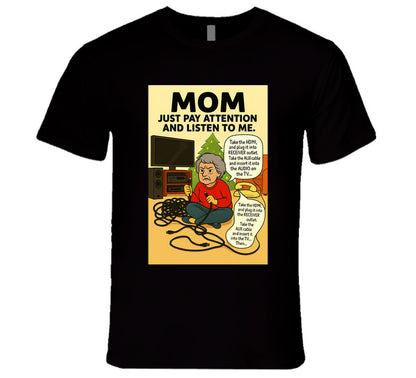 “Funny Christmas tech fail T-shirt with frustrated mom and tangled cords – Smiling Wombat”