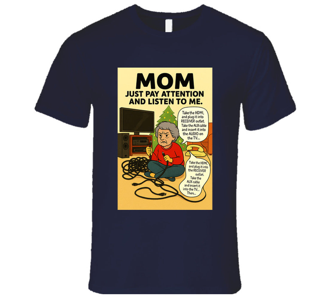 “Funny Christmas tech fail T-shirt with frustrated mom and tangled cords – Smiling Wombat”
